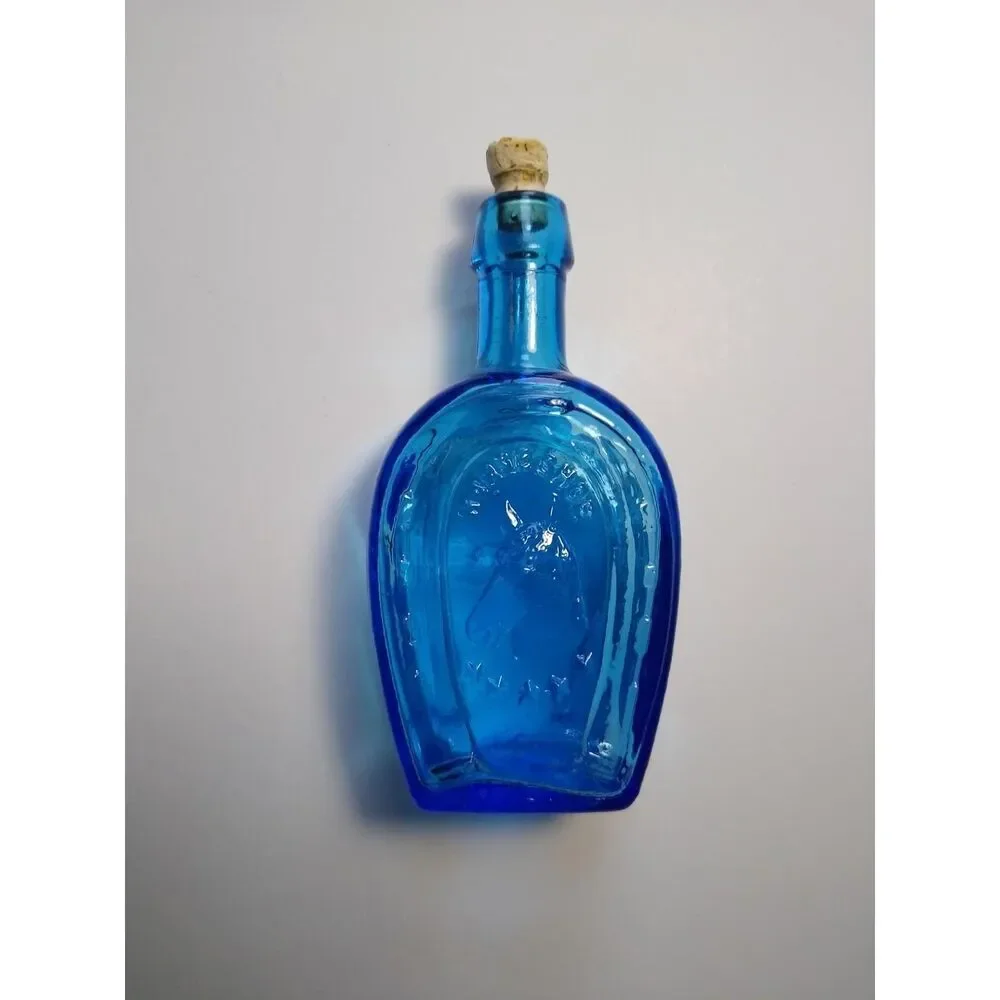 Wheaton Blue Carnival Glass Bottle Horse Shoe Bitters Medicine 1970's Mini 3
